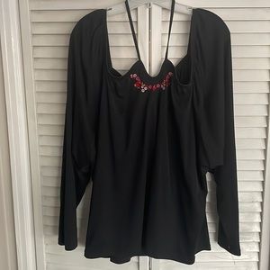 VENEZIA JEANS Black Halter Tunic Top w/Flowers and Long Sleeves, Size 26/28